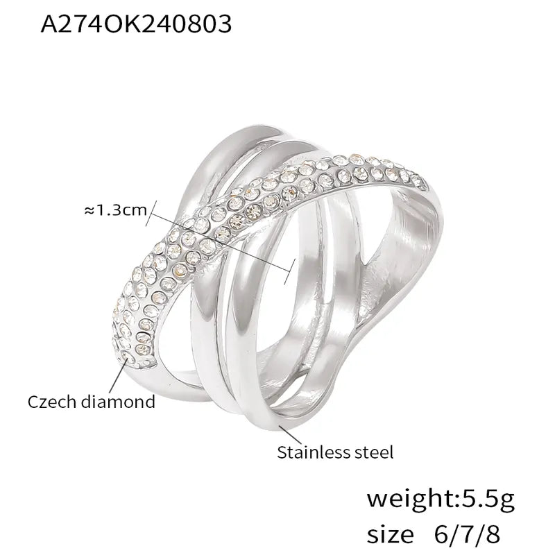 Wholesale Jewelry Elegant Glam Cross Geometric 304 Stainless Steel Rhinestones 18K Gold Plated Plating Rings