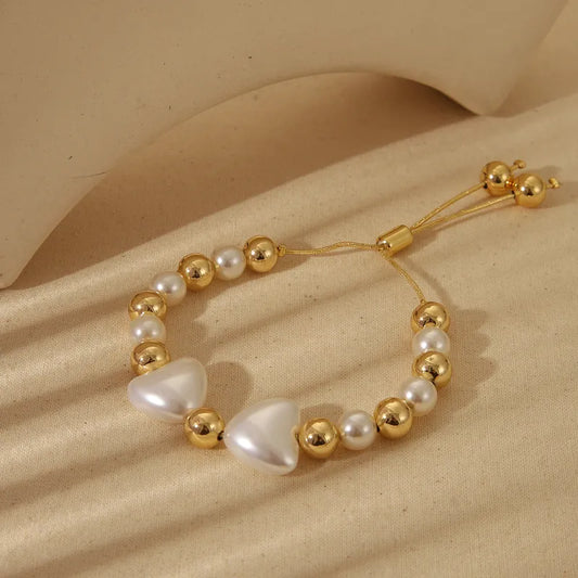 Wholesale Jewelry Elegant Heart Shape Copper 18K Gold Plated Beaded Imitation Pearl Plating Bracelets