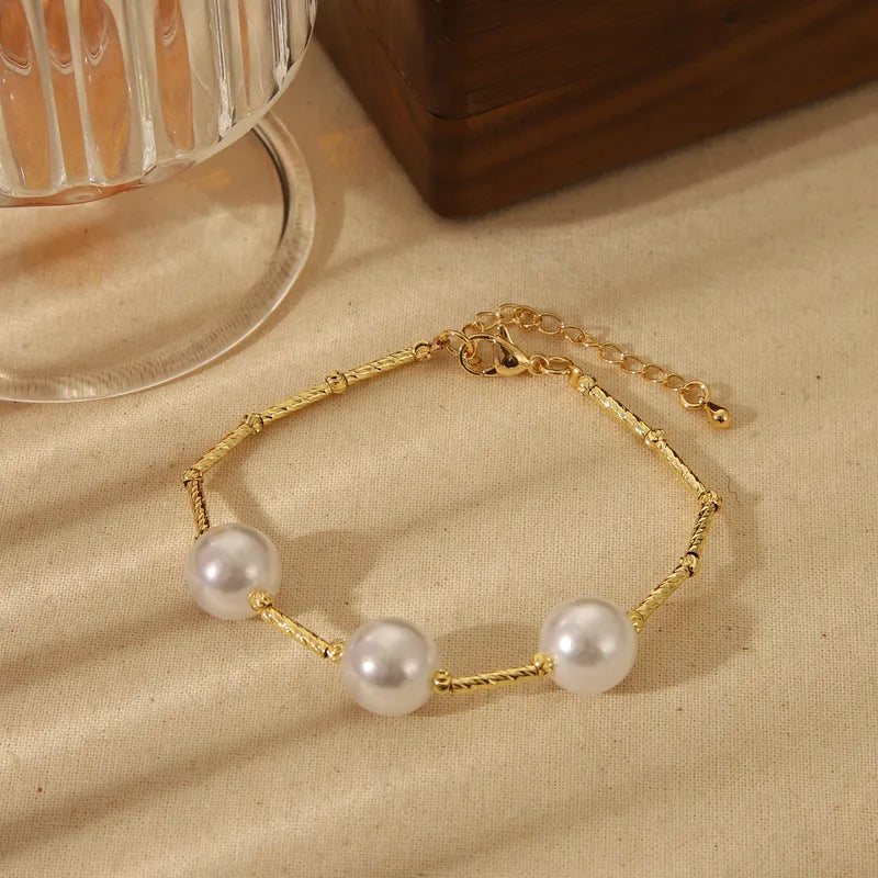 Wholesale Jewelry Elegant Heart Shape Copper 18K Gold Plated Beaded Imitation Pearl Plating Bracelets