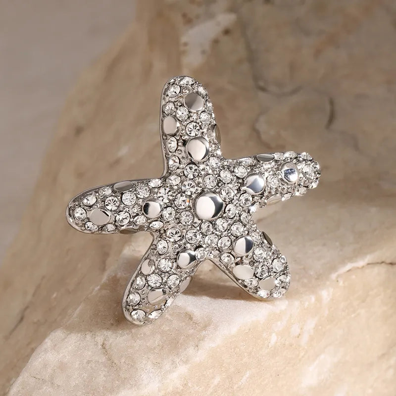 Wholesale Jewelry Elegant Lady Streetwear Starfish 304 Stainless Steel Rhinestones Inlay Rings