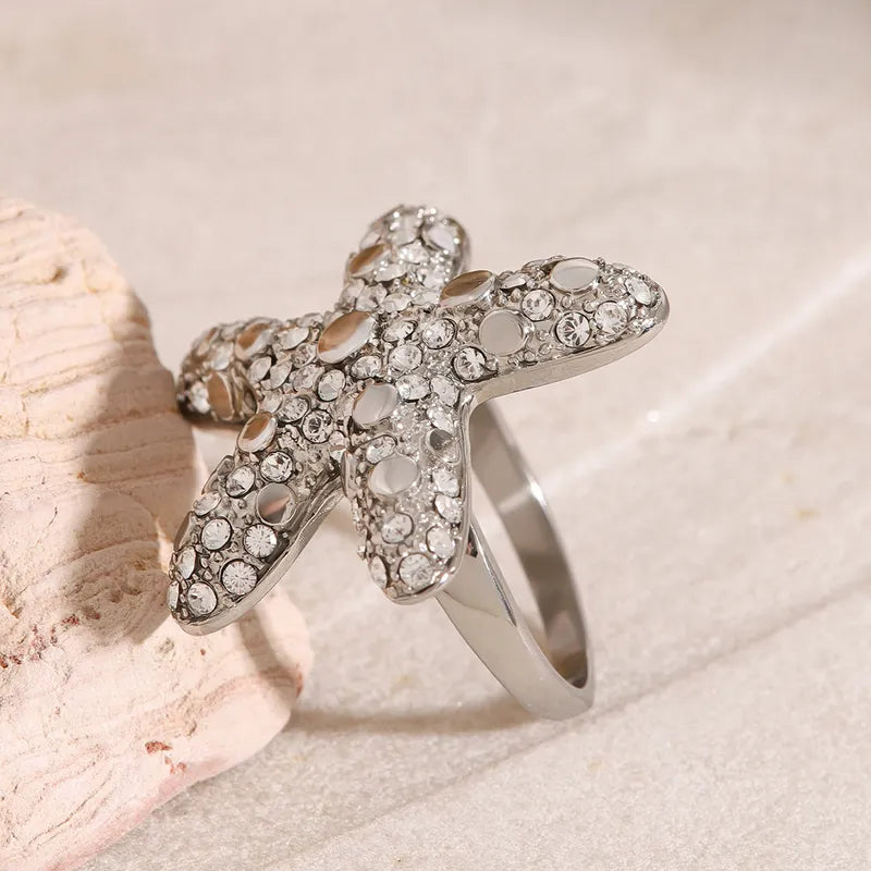 Wholesale Jewelry Elegant Lady Streetwear Starfish 304 Stainless Steel Rhinestones Inlay Rings