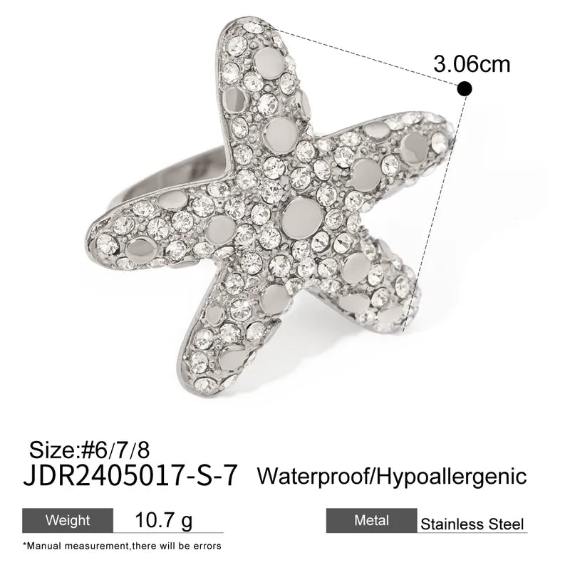 Wholesale Jewelry Elegant Lady Streetwear Starfish 304 Stainless Steel Rhinestones Inlay Rings