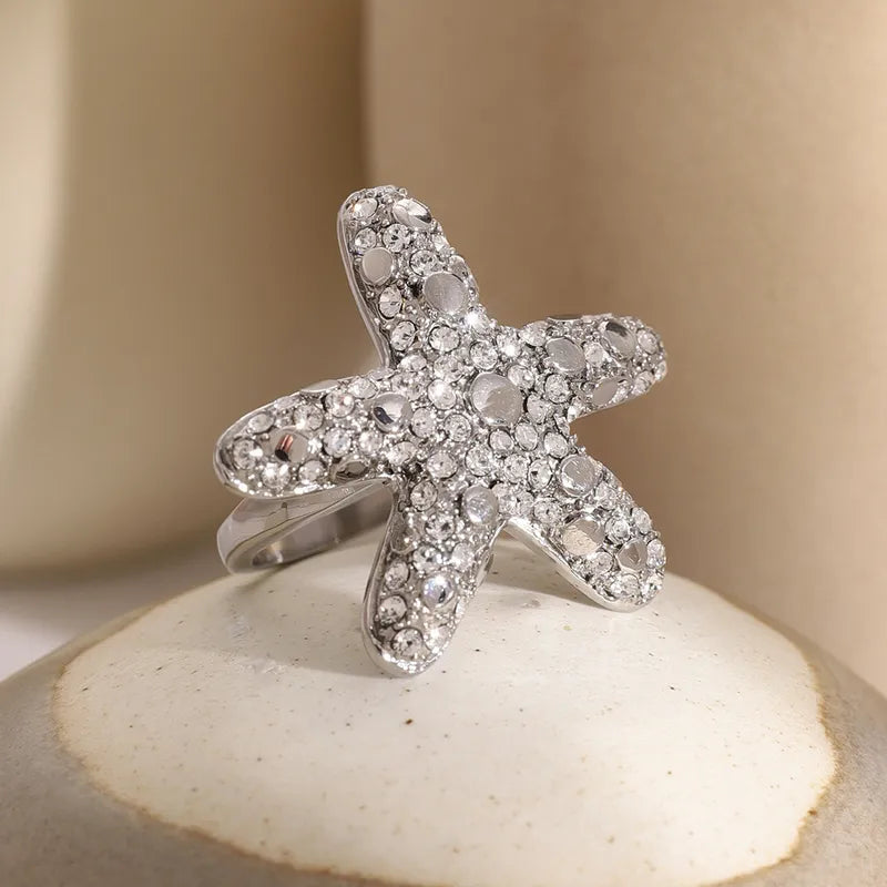 Wholesale Jewelry Elegant Lady Streetwear Starfish 304 Stainless Steel Rhinestones Inlay Rings