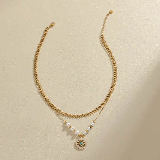 Wholesale Jewelry Elegant Luxurious Cross Round Titanium Steel Turquoise Pearl Zircon 18K Gold Plated Beaded Inlay Double Layer Necklaces