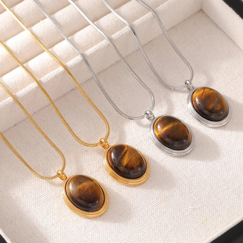 Wholesale Jewelry Elegant Luxurious Vacation Geometric 304 Stainless Steel Tiger Eye 18K Gold Plated Necklace