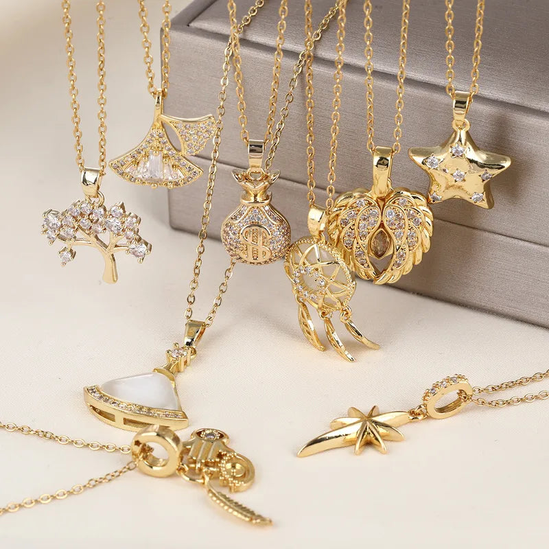 Wholesale Jewelry Elegant Modern Style Angel Star Flower Titanium Steel Rhinestones Plating Pendant Necklace Cable Chain