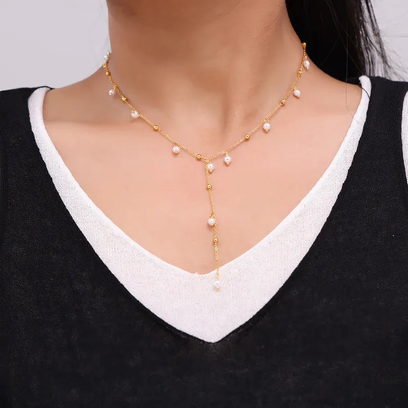 Wholesale Jewelry Elegant Preppy Style Commute Geometric Titanium Steel Imitation Pearl 18K Gold Plated Plating Necklace