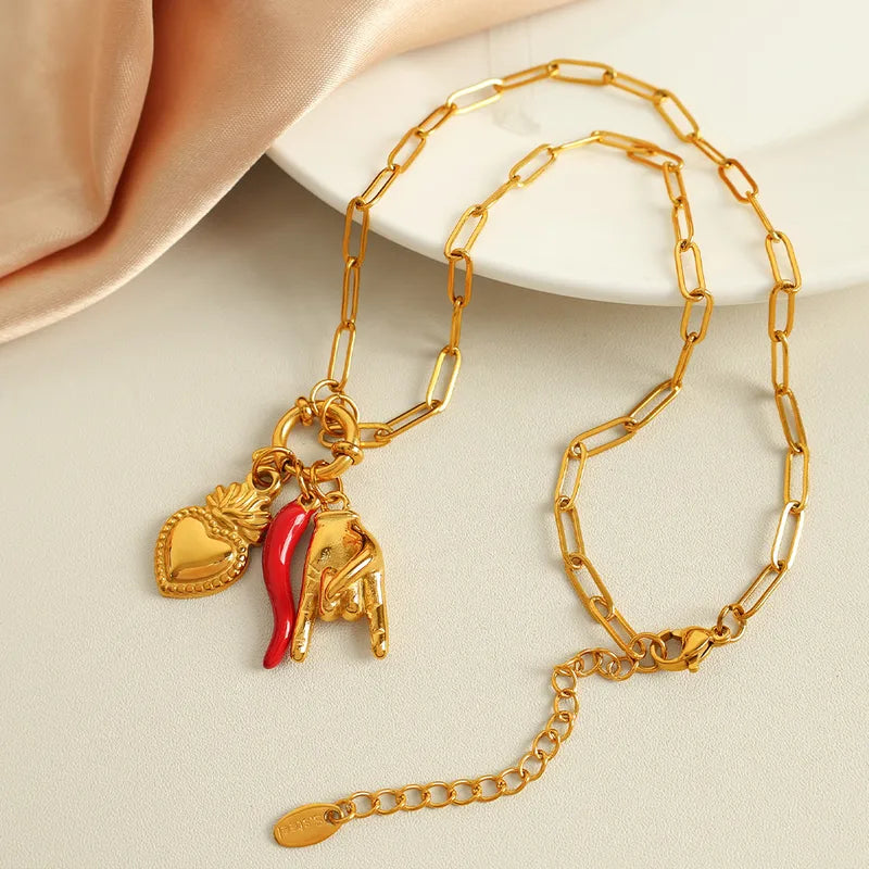 Wholesale Jewelry Elegant Retro Luxurious Palm Heart Shape Chili 304 Stainless Steel 18K Gold Plated Epoxy Pendant Necklace