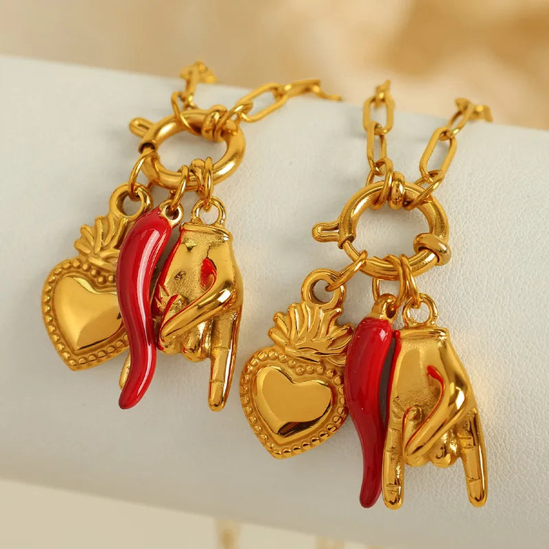 Wholesale Jewelry Elegant Retro Luxurious Palm Heart Shape Chili 304 Stainless Steel 18K Gold Plated Epoxy Pendant Necklace