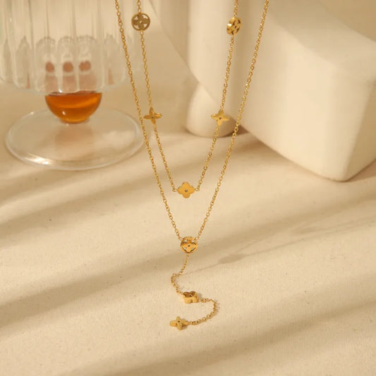 Wholesale Jewelry Elegant Romantic Four Leaf Clover Flower 304 Stainless Steel Zircon 18K Gold Plated Pendant Necklace