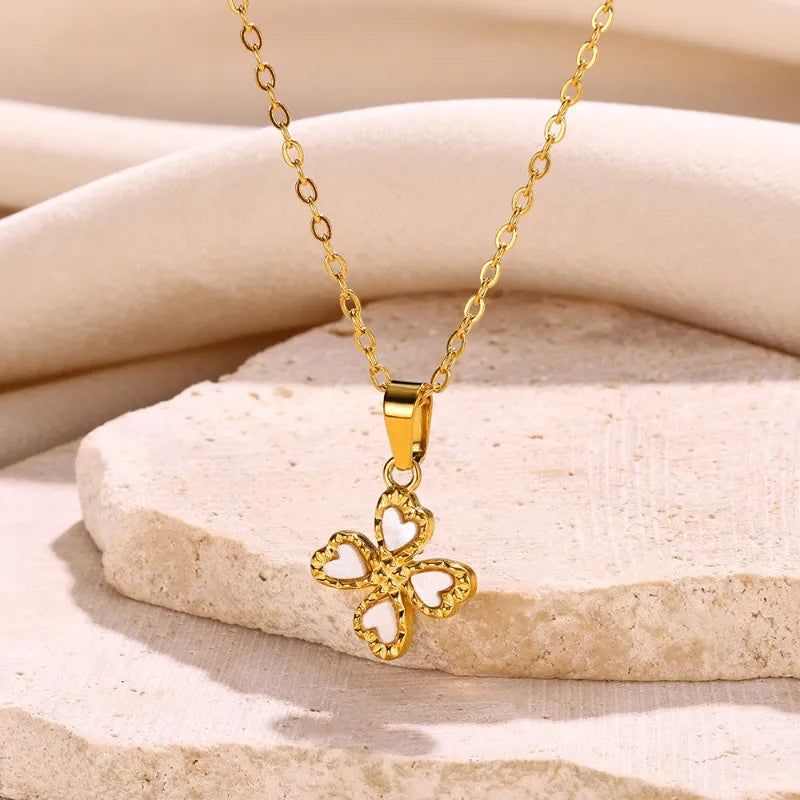 Wholesale Jewelry Elegant Romantic Sweet Four Leaf Clover 304 Stainless Steel Arylic 18K Gold Plated Plating