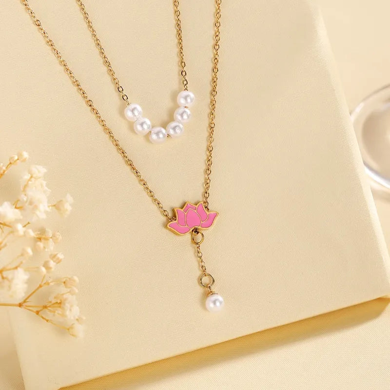 Wholesale Jewelry Elegant Romantic Sweet Lotus 304 Stainless Steel Artificial Pearls 18K Gold Plated Plating Inlay Layered Necklaces