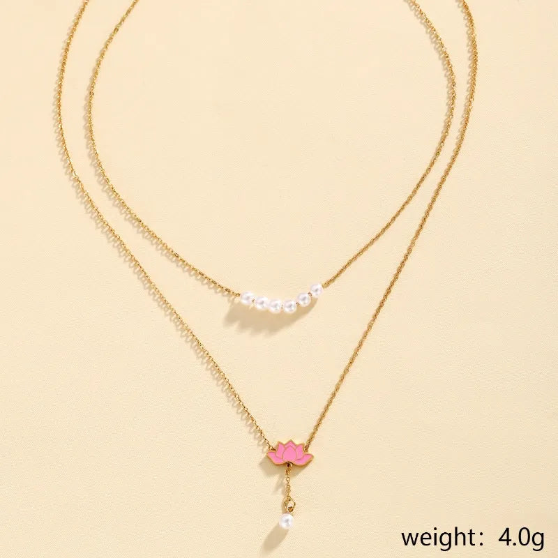 Wholesale Jewelry Elegant Romantic Sweet Lotus 304 Stainless Steel Artificial Pearls 18K Gold Plated Plating Inlay Layered Necklaces