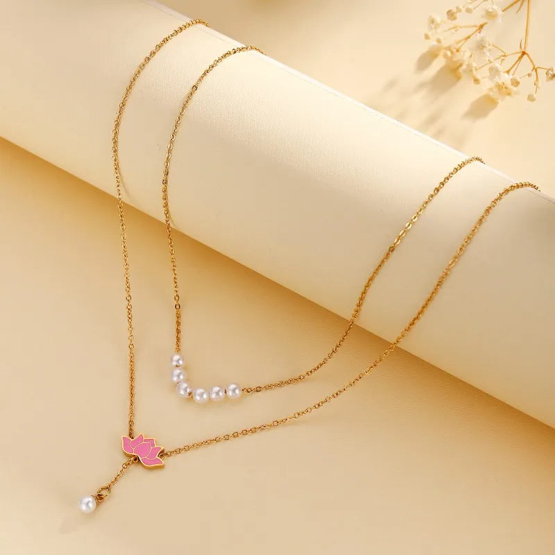 Wholesale Jewelry Elegant Romantic Sweet Lotus 304 Stainless Steel Artificial Pearls 18K Gold Plated Plating Inlay Layered Necklaces