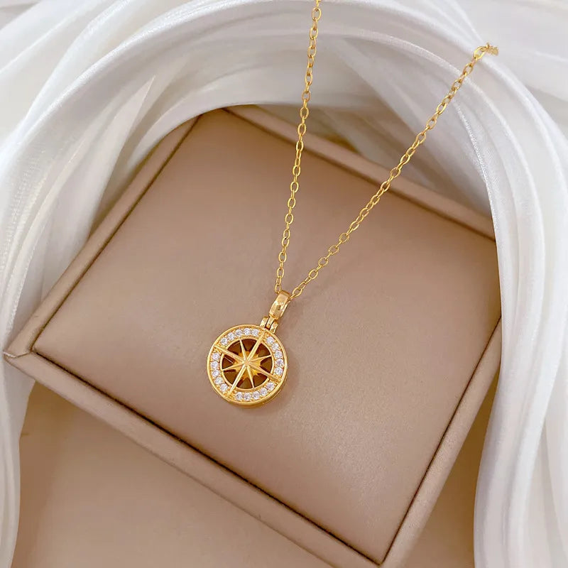 Wholesale Jewelry Elegant Round Titanium Steel Copper Zircon Gold Plated Inlay Pendant Necklace