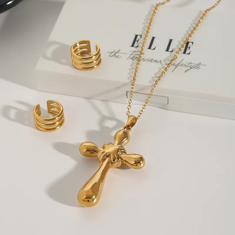 Wholesale Jewelry Elegant Shiny Cross 304 Stainless Steel Zircon 18K Gold Plated Inlay Pendant Necklace Cable Chain