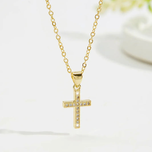 Wholesale Jewelry Elegant Shiny Cross Copper Zircon 18K Gold Plated Pendant Necklace