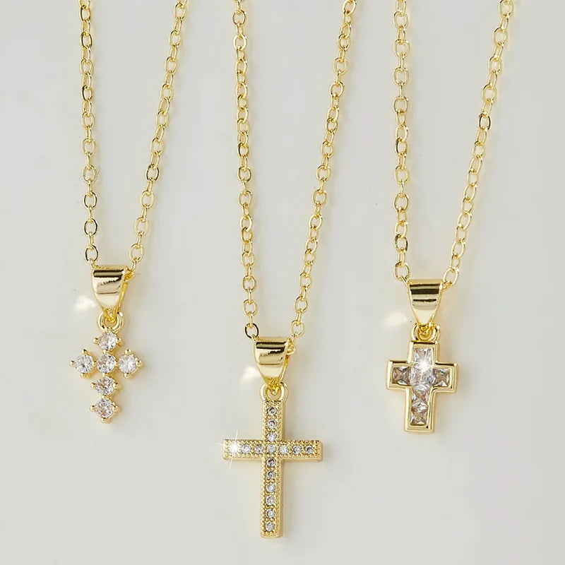 Wholesale Jewelry Elegant Shiny Cross Copper Zircon 18K Gold Plated Pendant Necklace