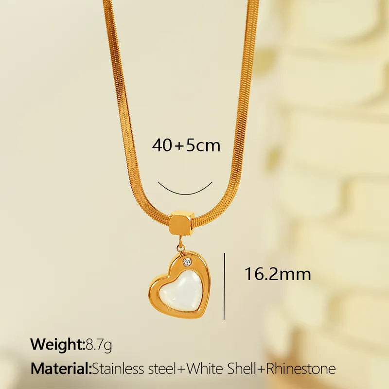 Wholesale Jewelry Elegant Simple Style IG Style Square Heart Shape 304 Stainless Steel Rhinestones Shell 18K Gold Plated Polishing Inlay Pendant Necklace