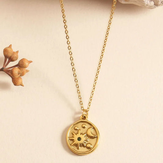 Wholesale Jewelry Elegant Simple Style Star Moon Rose 304 Stainless Steel Shell Zircon 18K Gold Plated Inlay Pendant Necklace