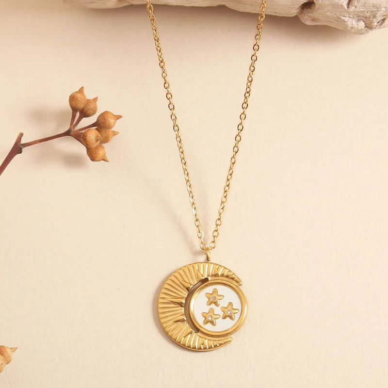 Wholesale Jewelry Elegant Simple Style Star Moon Rose 304 Stainless Steel Shell Zircon 18K Gold Plated Inlay Pendant Necklace