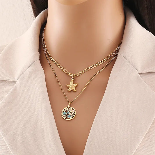 Wholesale Jewelry Elegant Simple Style Starfish 304 Stainless Steel Turquoise 18K Gold Plated Inlay Earrings Necklace