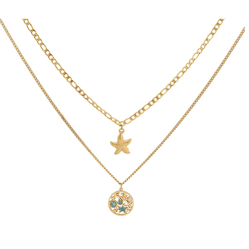 Wholesale Jewelry Elegant Simple Style Starfish 304 Stainless Steel Turquoise 18K Gold Plated Inlay Earrings Necklace