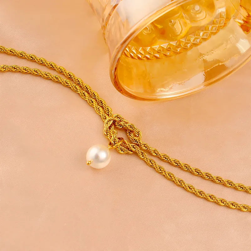 Wholesale Jewelry Elegant Simple Style Twist 304 Stainless Steel Pearl 18K Gold Plated Plating Inlay Double Layer Necklaces