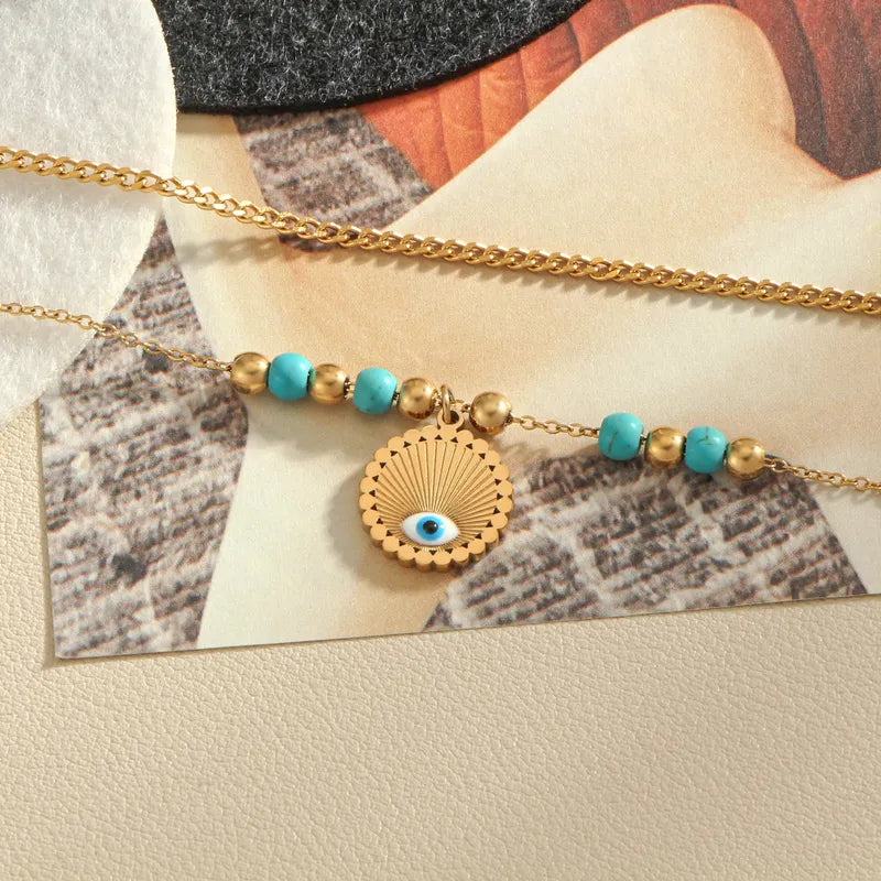 Wholesale Jewelry Elegant Streetwear Round Devil's Eye Eye 304 Stainless Steel Turquoise 18K Gold Plated Layered Plating Inlay Double Layer Necklaces Pendant Necklace