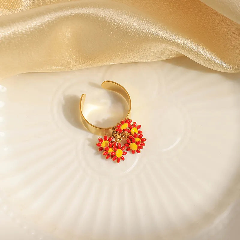 Wholesale Jewelry Elegant Sweet Flower 304 Stainless Steel 14K Gold Plated Enamel Open Rings