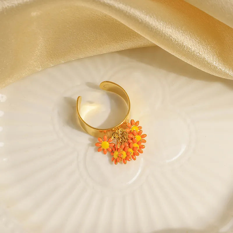 Wholesale Jewelry Elegant Sweet Flower 304 Stainless Steel 14K Gold Plated Enamel Open Rings