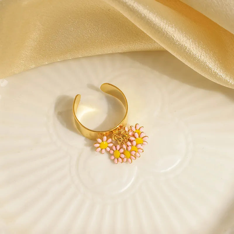 Wholesale Jewelry Elegant Sweet Flower 304 Stainless Steel 14K Gold Plated Enamel Open Rings