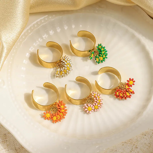 Wholesale Jewelry Elegant Sweet Flower 304 Stainless Steel 14K Gold Plated Enamel Open Rings