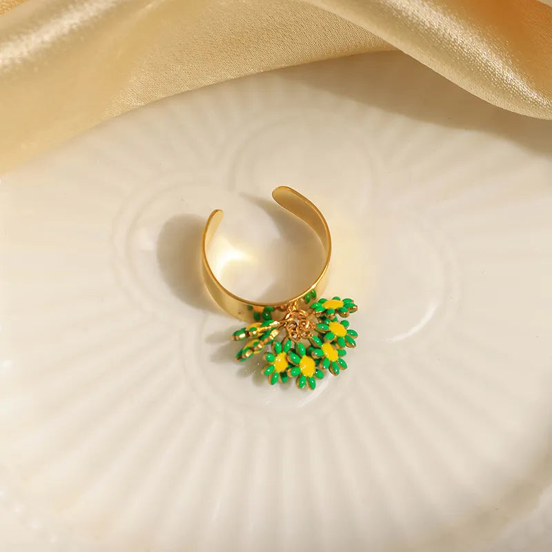 Wholesale Jewelry Elegant Sweet Flower 304 Stainless Steel 14K Gold Plated Enamel Open Rings