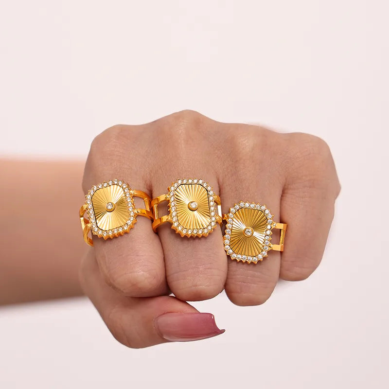 Wholesale Jewelry Elegant Vacation Geometric 304 Stainless Steel Zircon 18K Gold Plated Inlay Open Rings