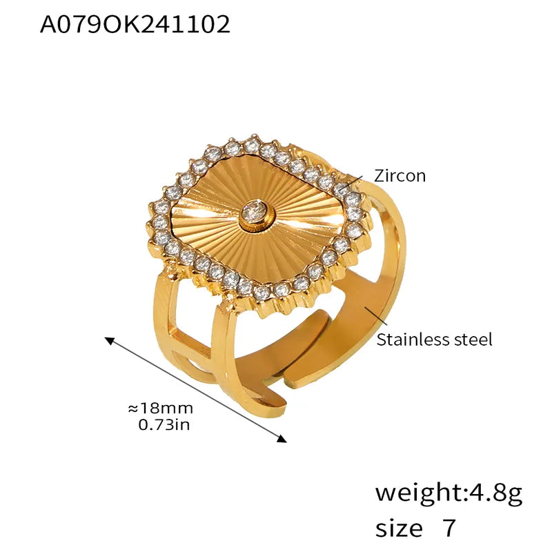 Wholesale Jewelry Elegant Vacation Geometric 304 Stainless Steel Zircon 18K Gold Plated Inlay Open Rings