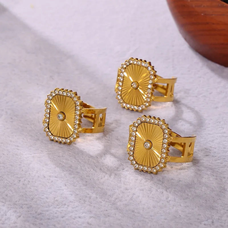 Wholesale Jewelry Elegant Vacation Geometric 304 Stainless Steel Zircon 18K Gold Plated Inlay Open Rings