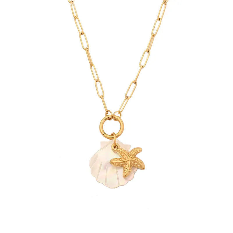 Wholesale Jewelry Elegant Vacation Starfish Dolphin Shell 304 Stainless Steel Shell 18K Gold Plated Pendant Necklace