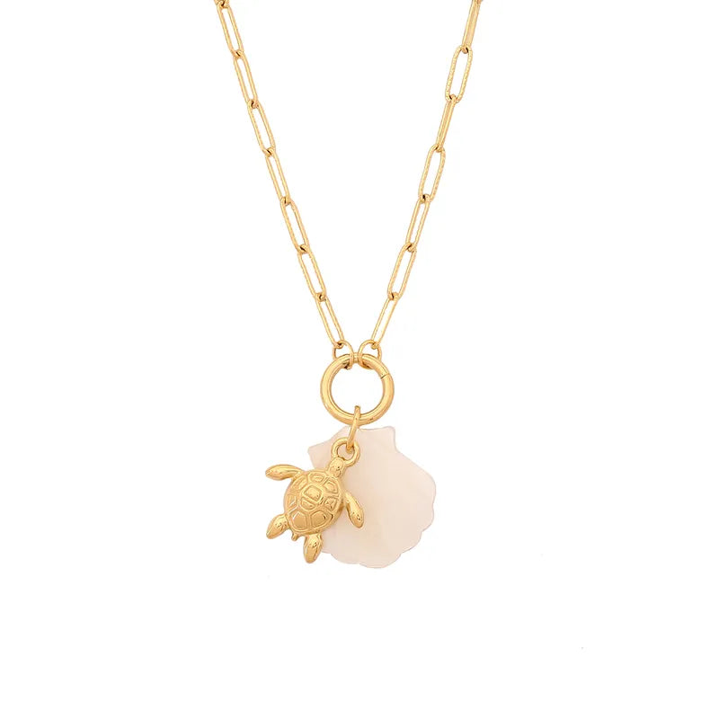 Wholesale Jewelry Elegant Vacation Starfish Dolphin Shell 304 Stainless Steel Shell 18K Gold Plated Pendant Necklace