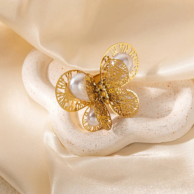 Wholesale Jewelry Elegant Vintage Style Lady Butterfly 304 Stainless Steel Pearl 14K Gold Plated Plating Inlay Open Rings