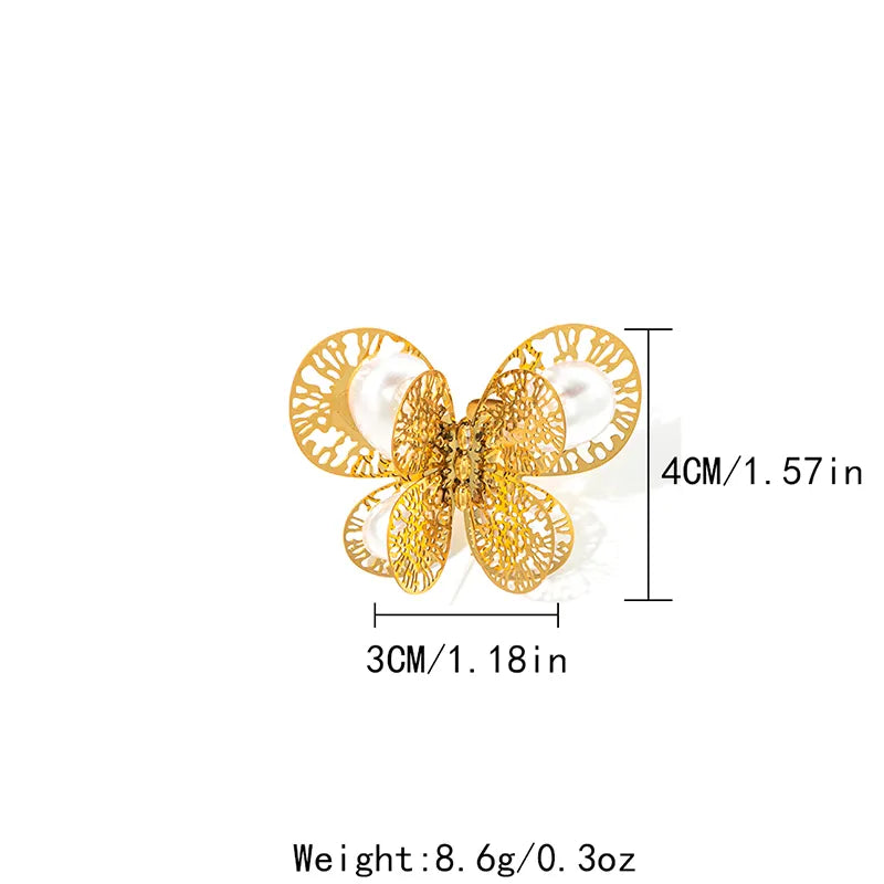 Wholesale Jewelry Elegant Vintage Style Lady Butterfly 304 Stainless Steel Pearl 14K Gold Plated Plating Inlay Open Rings