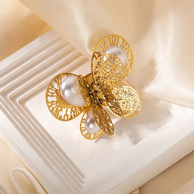 Wholesale Jewelry Elegant Vintage Style Lady Butterfly 304 Stainless Steel Pearl 14K Gold Plated Plating Inlay Open Rings