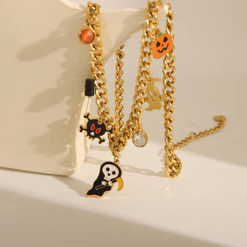 Wholesale Jewelry Exaggerated Funny Pumpkin Bat Skull 304 Stainless Steel Zircon 18K Gold Plated Epoxy Bracelets Earrings Necklace