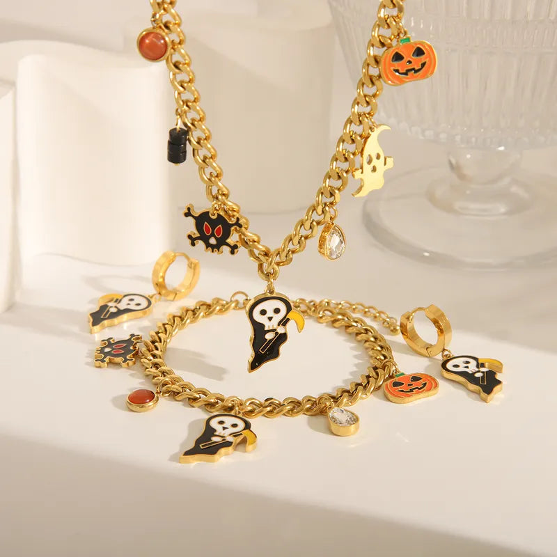 Wholesale Jewelry Exaggerated Funny Pumpkin Bat Skull 304 Stainless Steel Zircon 18K Gold Plated Epoxy Bracelets Earrings Necklace