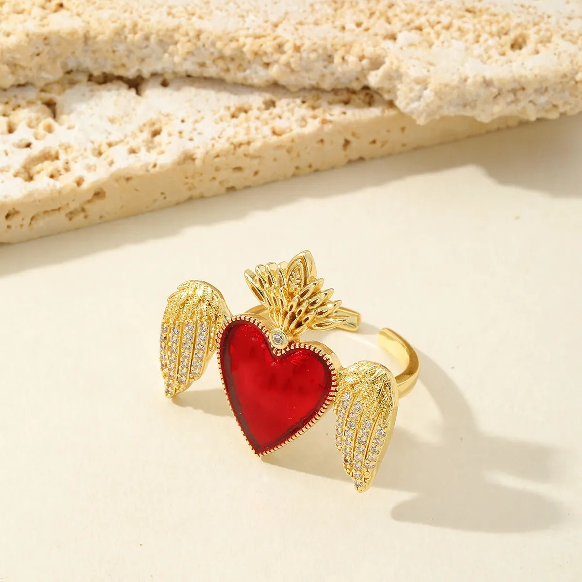 Wholesale Jewelry Exaggerated Simple Style Heart Shape Wings Copper 18K Gold Plated Epoxy Open Rings