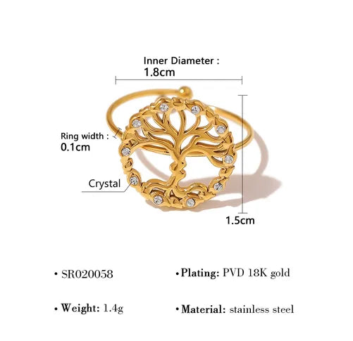 Wholesale Jewelry French Style Pentagram Heart Shape Life Tree 304 Stainless Steel Rhinestones 18K Gold Plated Plating Open Rings