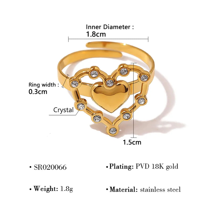 Wholesale Jewelry French Style Pentagram Heart Shape Life Tree 304 Stainless Steel Rhinestones 18K Gold Plated Plating Open Rings