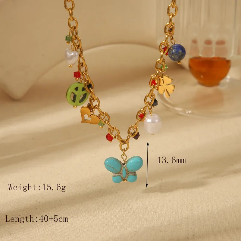 Wholesale Jewelry French Style Simple Style Classic Style Four Leaf Clover Butterfly 304 Stainless Steel Acrylic Artificial Pearls 18K Gold Plated Inlay Pendant Necklace