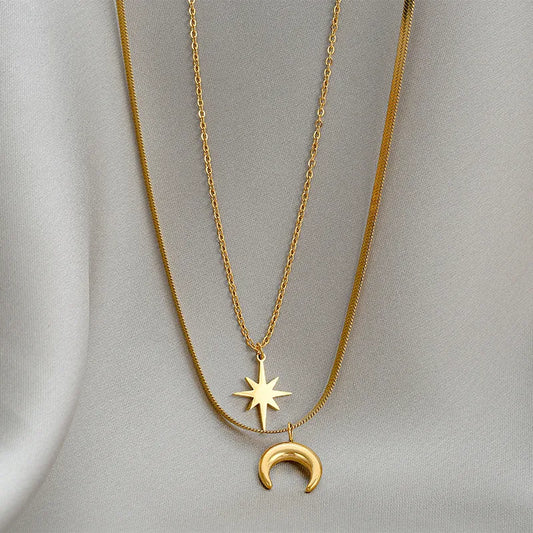 Wholesale Jewelry French Style Simple Style Classic Style Hexagram Moon 304 Stainless Steel 18K Gold Plated Plating Pendant Necklace