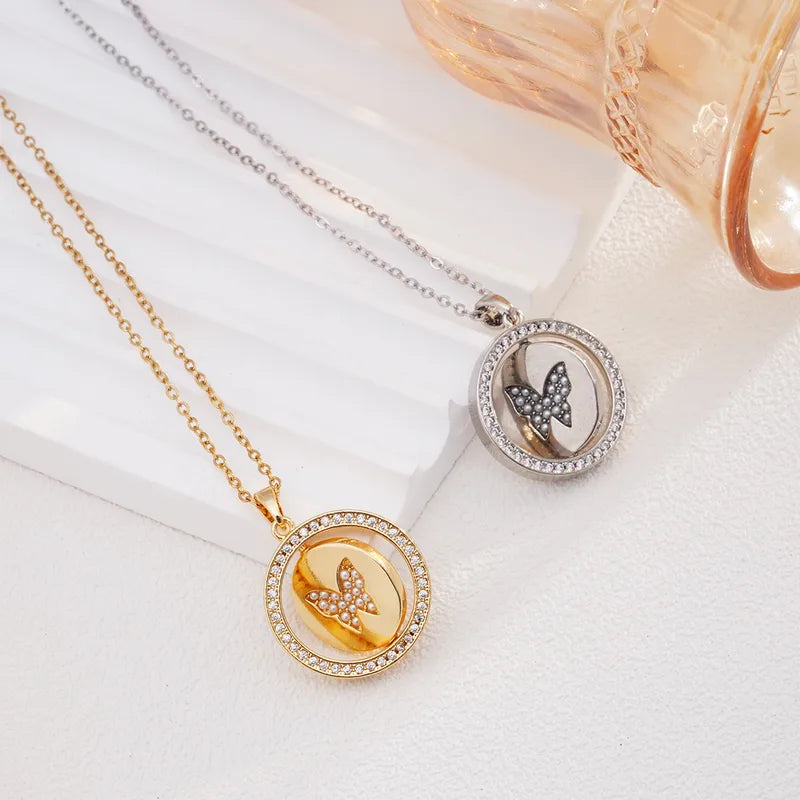 Wholesale Jewelry Glam Round Butterfly 304 Stainless Steel Copper Shell Zircon Inlay Pendant Necklace